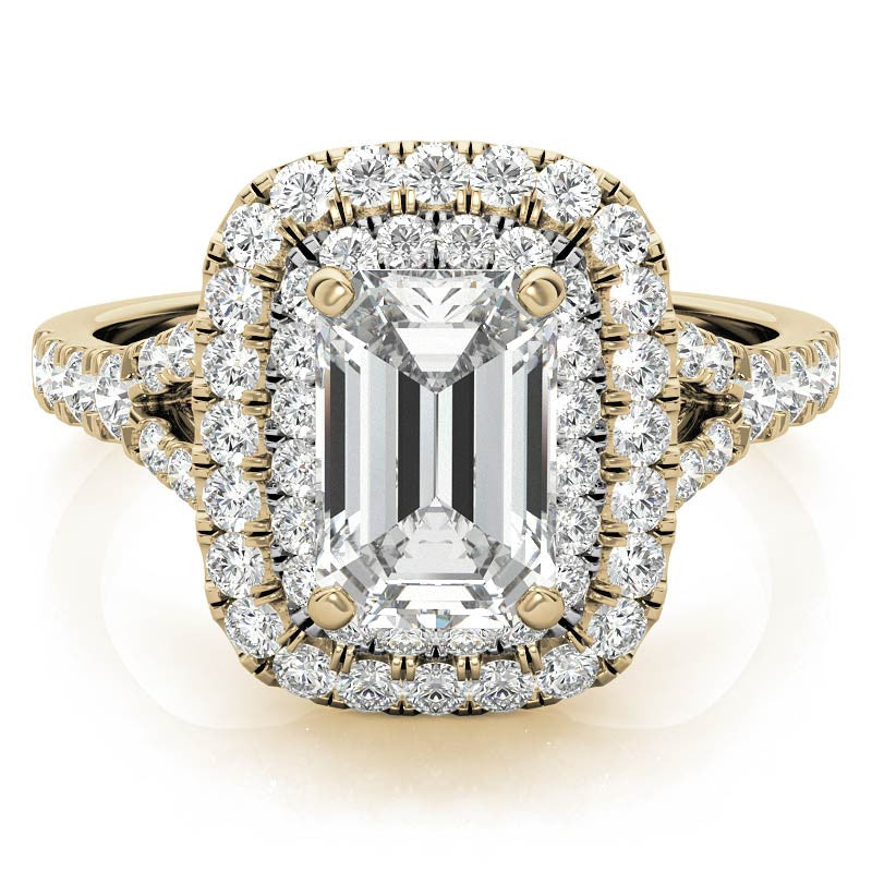 Emerald / Radiant Double Halo Cathedral Moissanite Engagement Ring