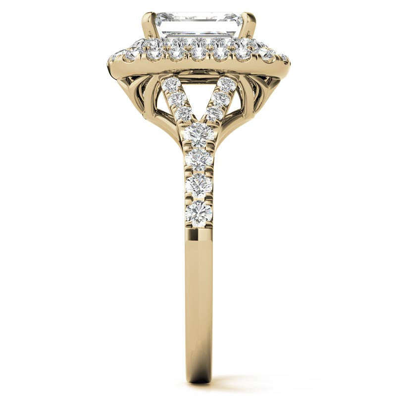 Emerald / Radiant Double Halo Cathedral Moissanite Engagement Ring