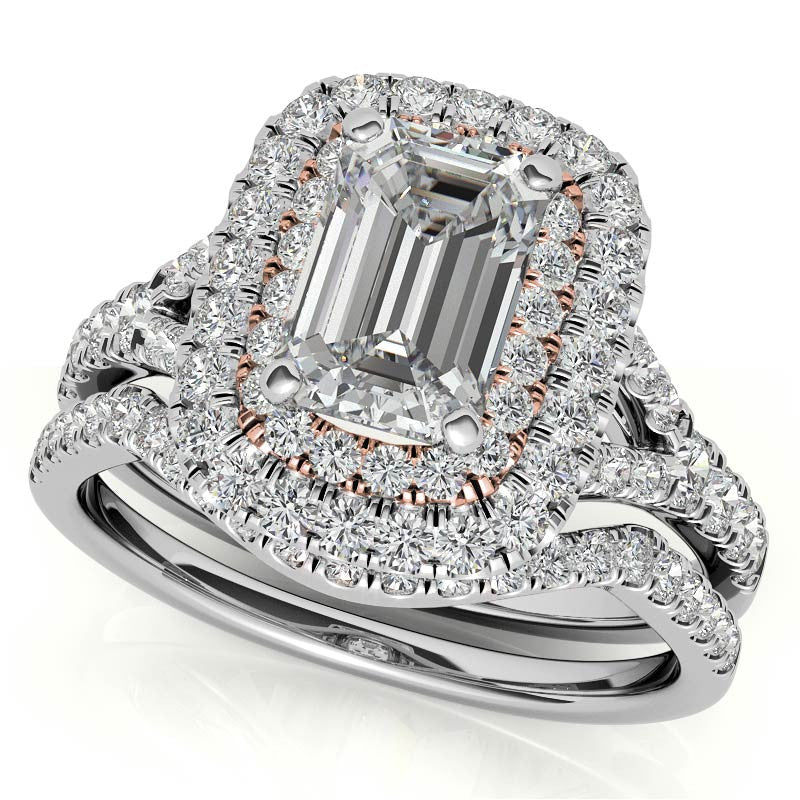 Emerald / Radiant Double Halo Cathedral Moissanite Engagement Ring