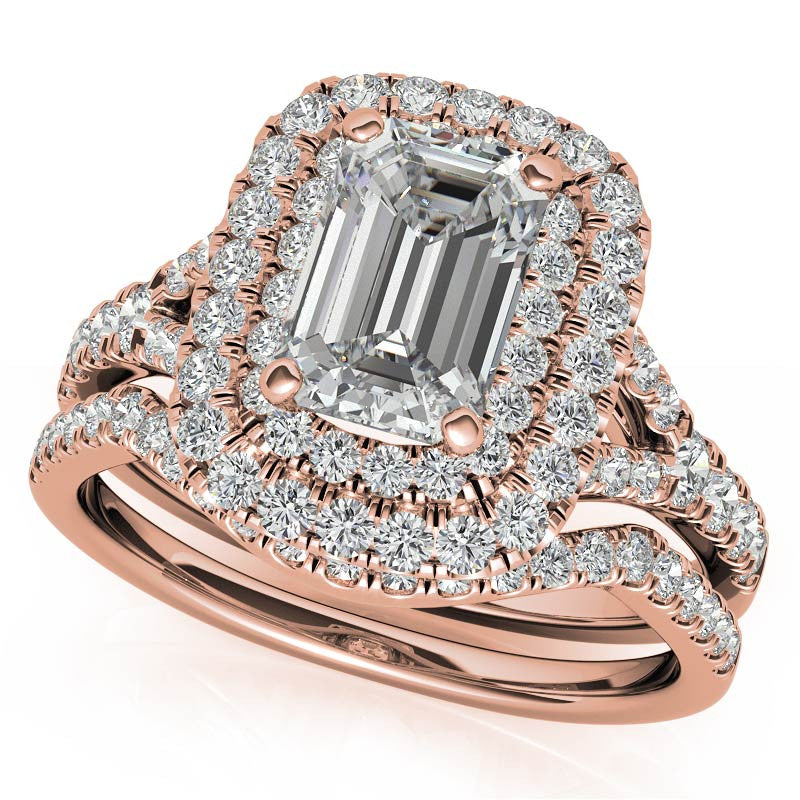 Emerald / Radiant Double Halo Cathedral Moissanite Engagement Ring