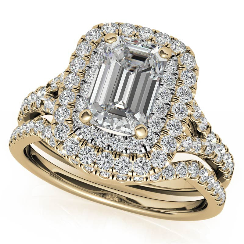 Emerald / Radiant Double Halo Cathedral Moissanite Engagement Ring