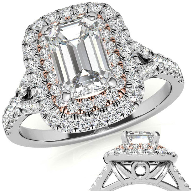 Emerald / Radiant Double Halo Cathedral Moissanite Engagement Ring
