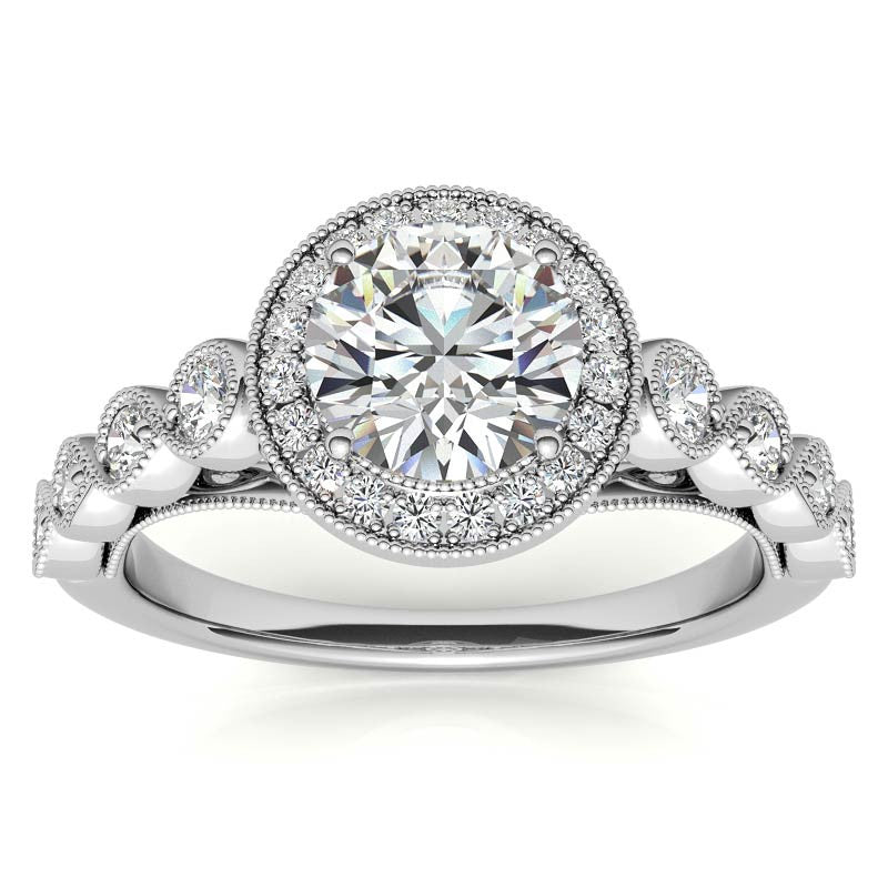 Round Brilliant Antique Cathedral Halo Moissanite Engagement Ring with