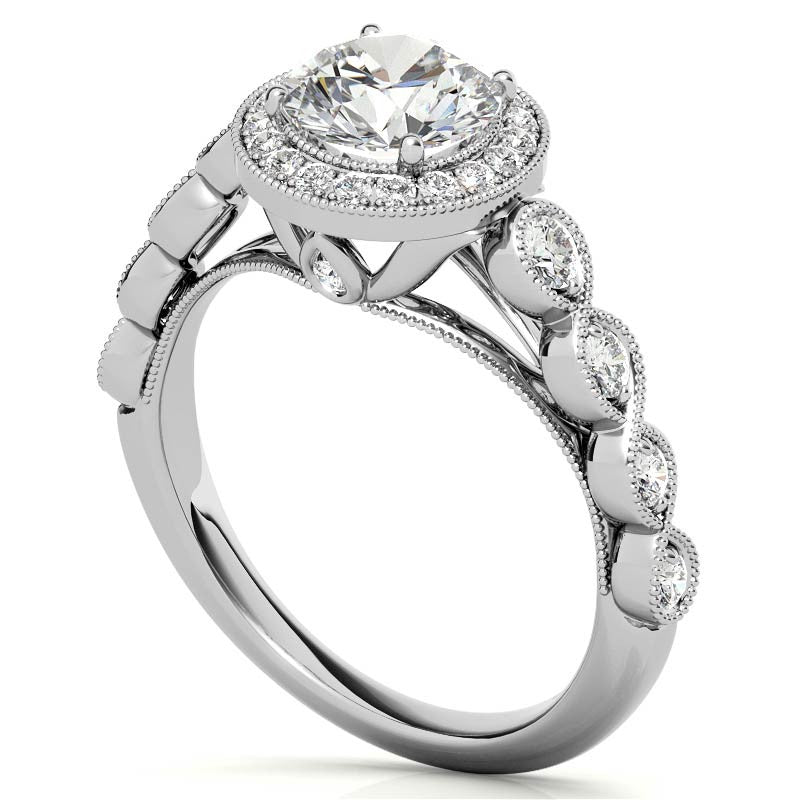 Round Brilliant Antique Cathedral Halo Moissanite Engagement Ring with