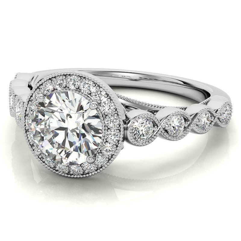 Round Brilliant Antique Cathedral Halo Moissanite Engagement Ring with