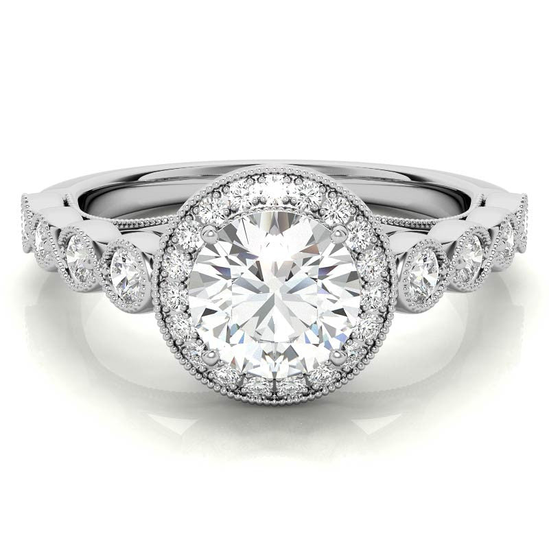Round Brilliant Antique Cathedral Halo Moissanite Engagement Ring with