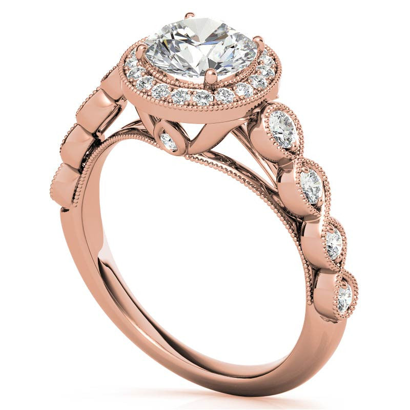 Round Brilliant Antique Cathedral Halo Moissanite Engagement Ring with
