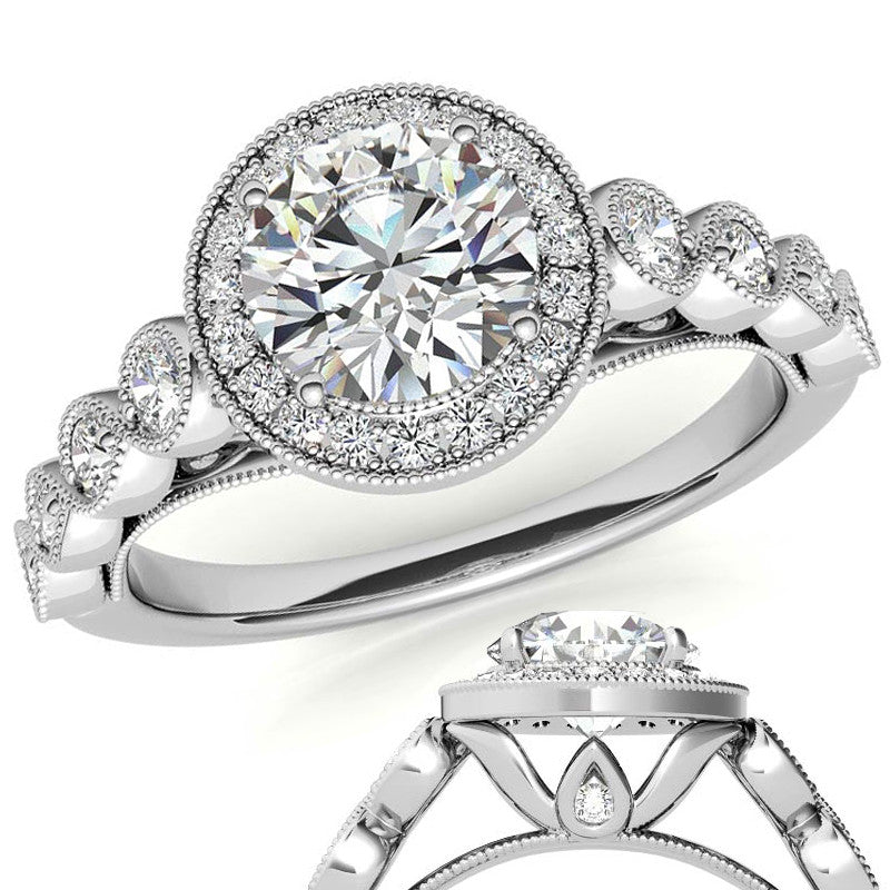 Round Brilliant Antique Cathedral Halo Moissanite Engagement Ring with