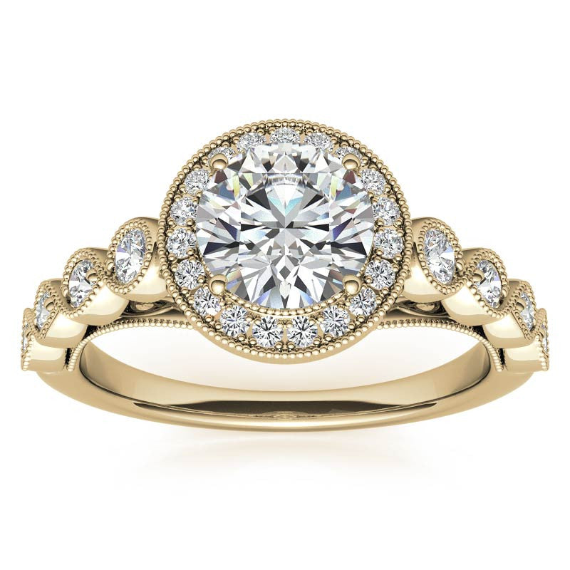 Round Brilliant Antique Cathedral Halo Moissanite Engagement Ring with