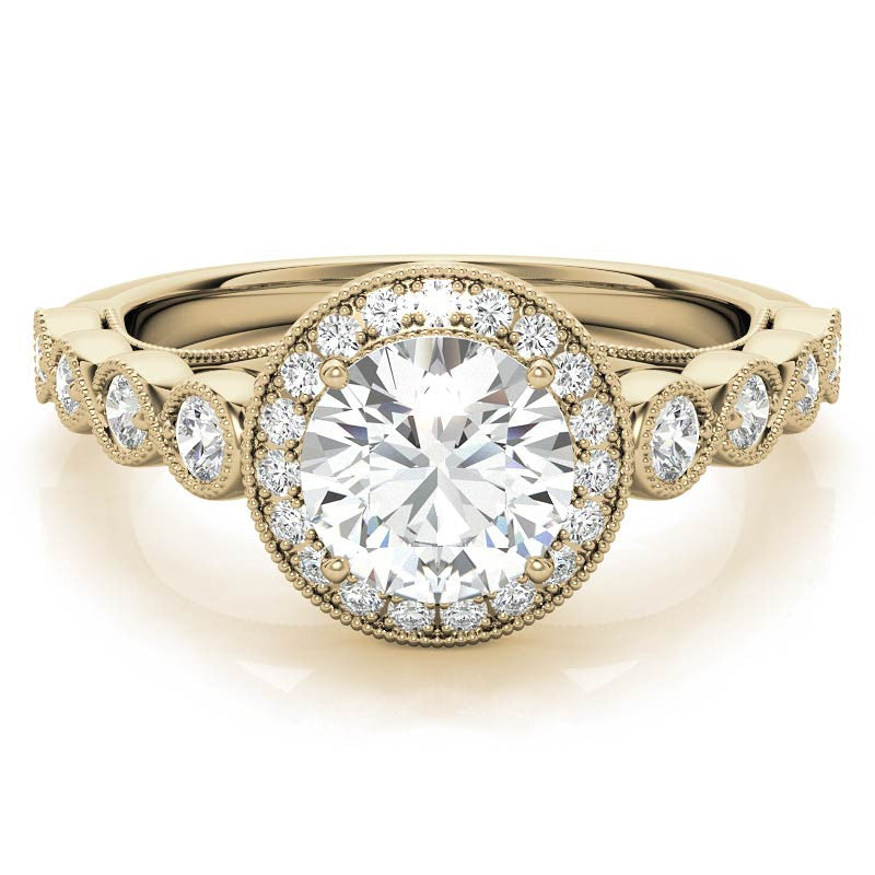 Round Brilliant Antique Cathedral Halo Moissanite Engagement Ring with