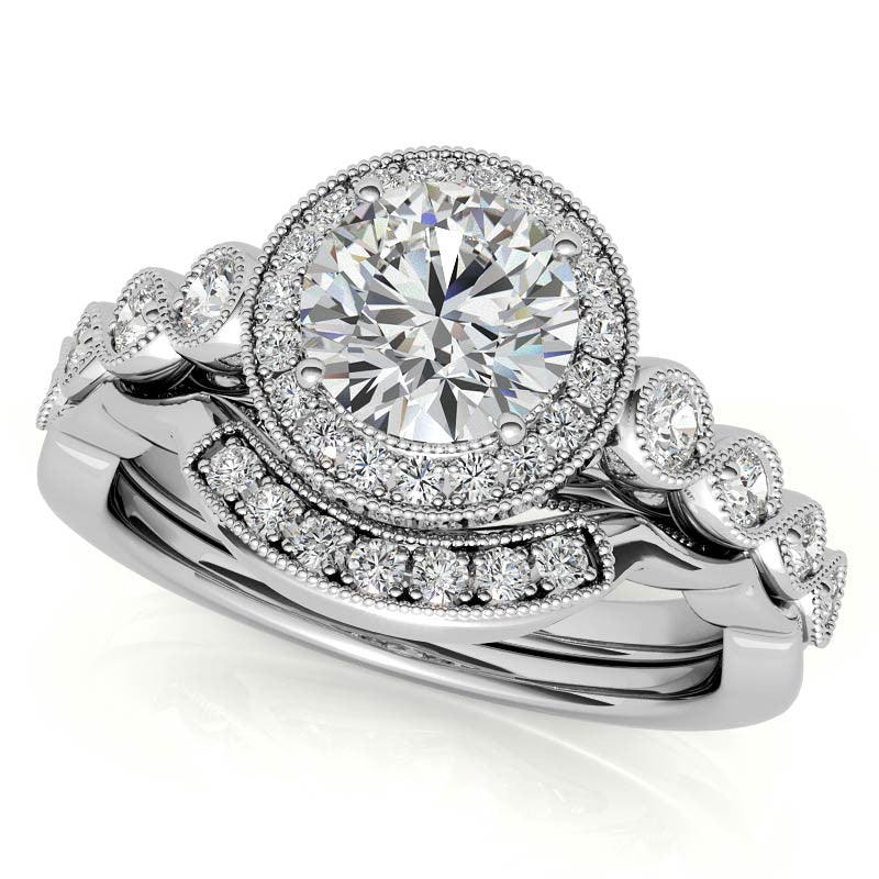 Round Brilliant Antique Cathedral Halo Moissanite Engagement Ring with