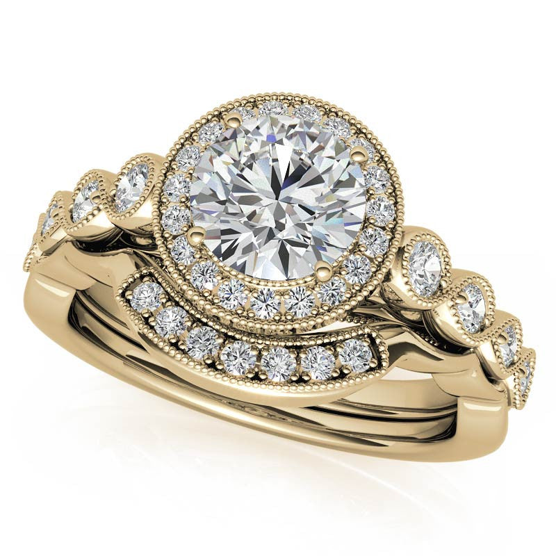 Round Brilliant Antique Cathedral Halo Moissanite Engagement Ring with