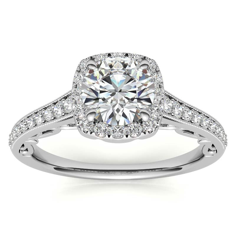 Round Cushion Halo Engagement Ring with Milgrain