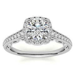 Round Cushion Halo Engagement Ring with Milgrain