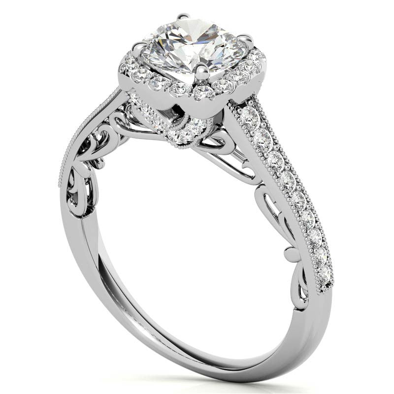 Round Cushion Halo Engagement Ring with Milgrain