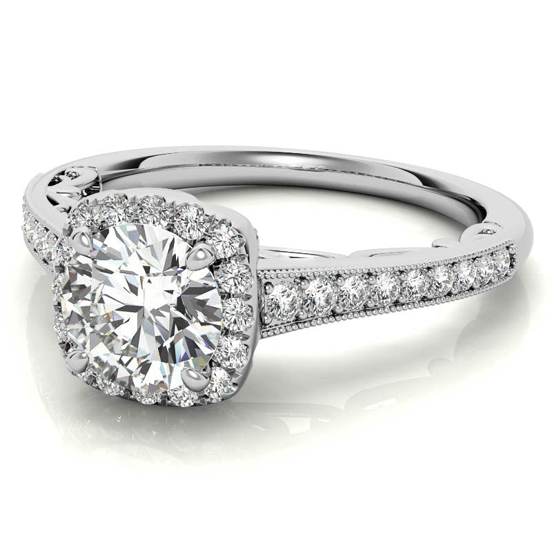 Round Cushion Halo Engagement Ring with Milgrain