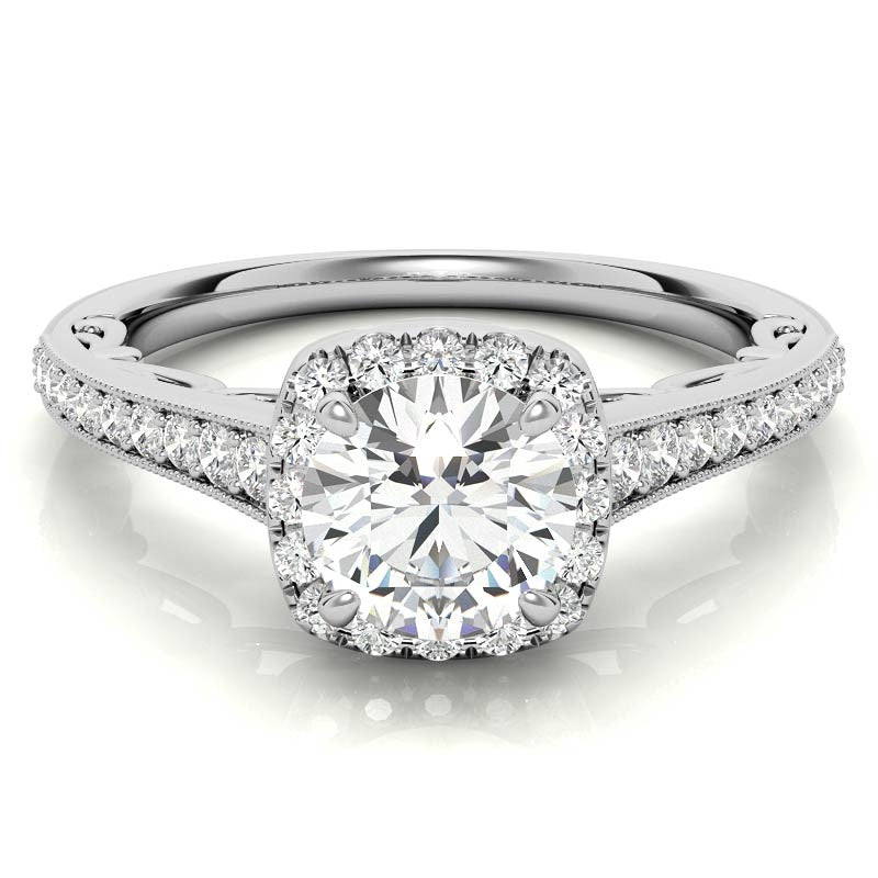 Round Cushion Halo Engagement Ring with Milgrain