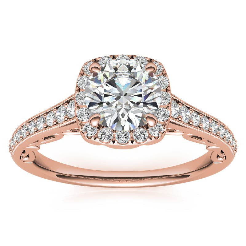 Round Cushion Halo Engagement Ring with Milgrain