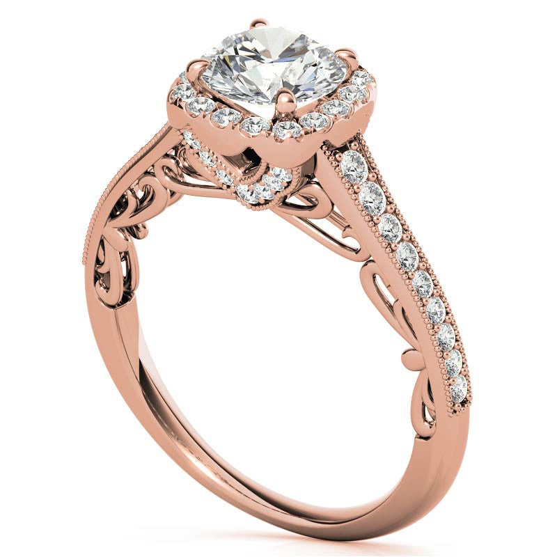 Round Cushion Halo Engagement Ring with Milgrain