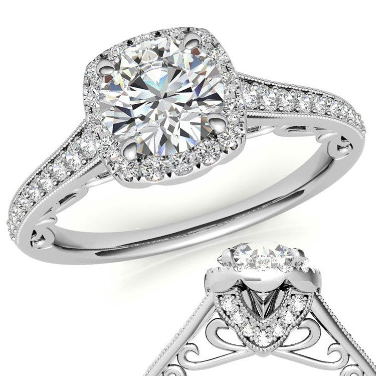 Round Cushion Halo Engagement Ring with Milgrain
