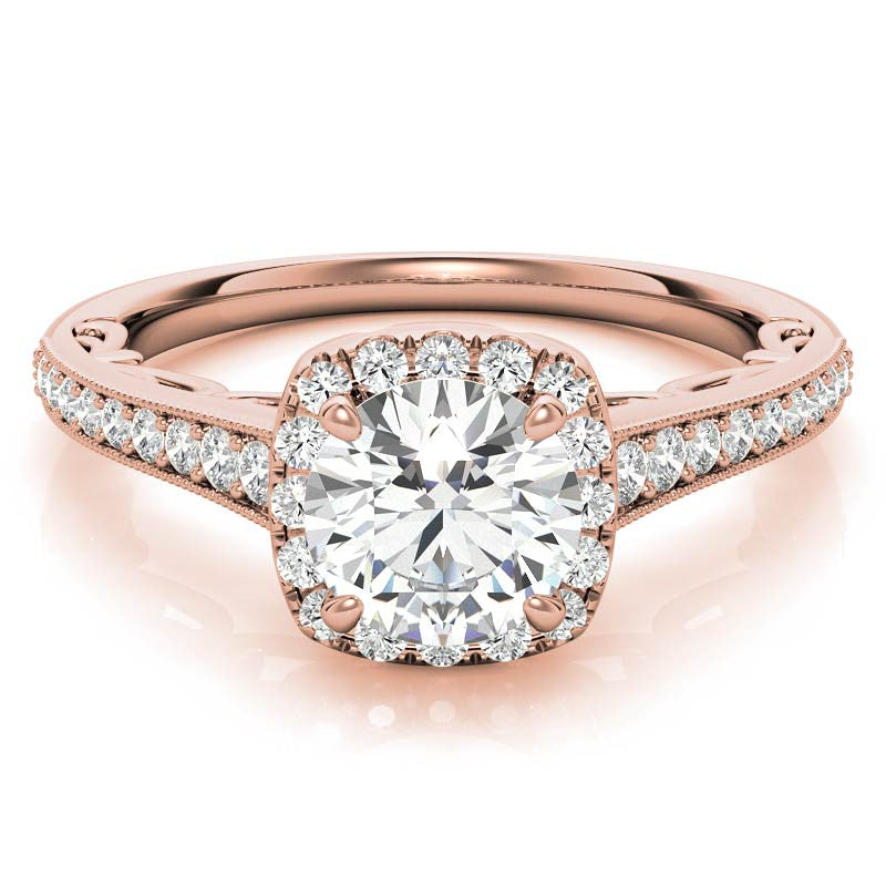 Round Cushion Halo Engagement Ring with Milgrain