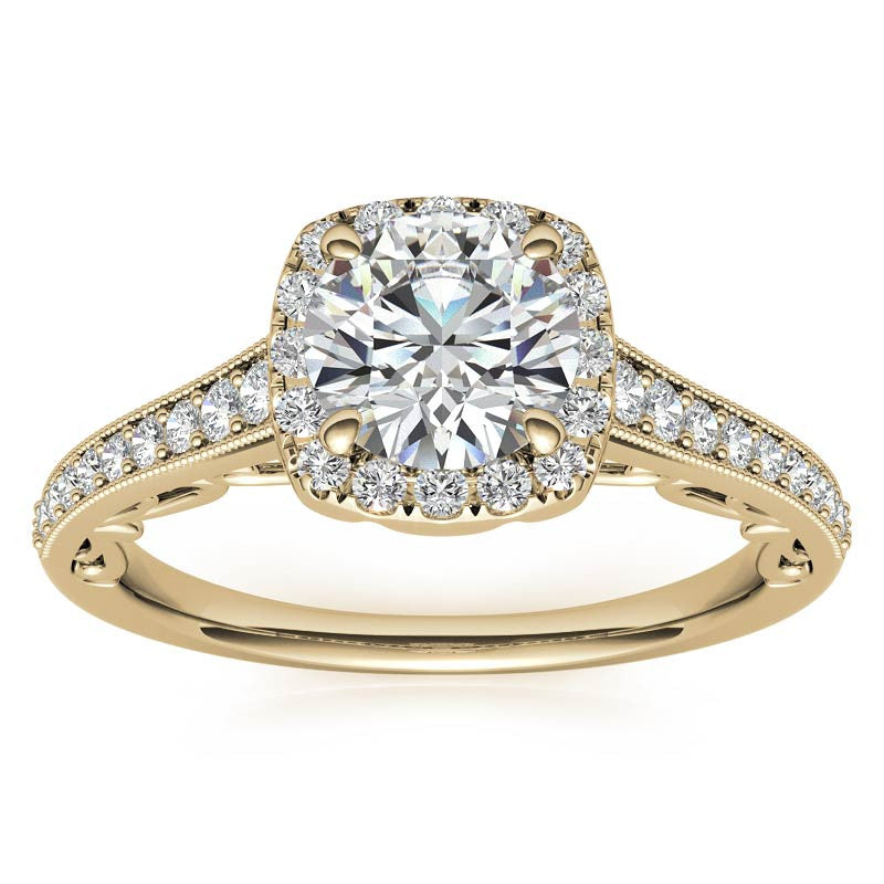 Round Cushion Halo Engagement Ring with Milgrain