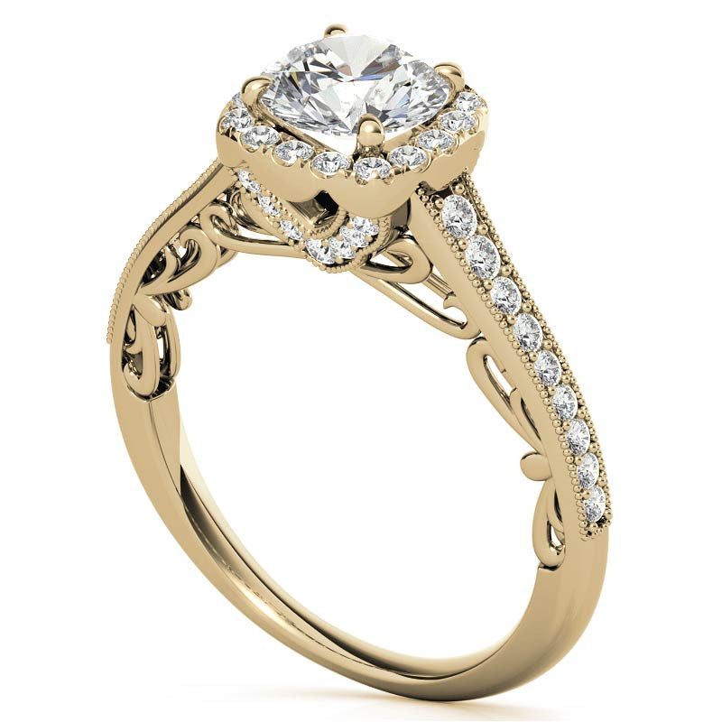 Round Cushion Halo Engagement Ring with Milgrain