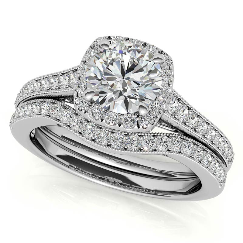 Round Cushion Halo Engagement Ring with Milgrain