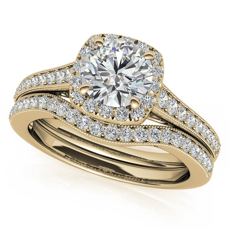 Round Cushion Halo Engagement Ring with Milgrain