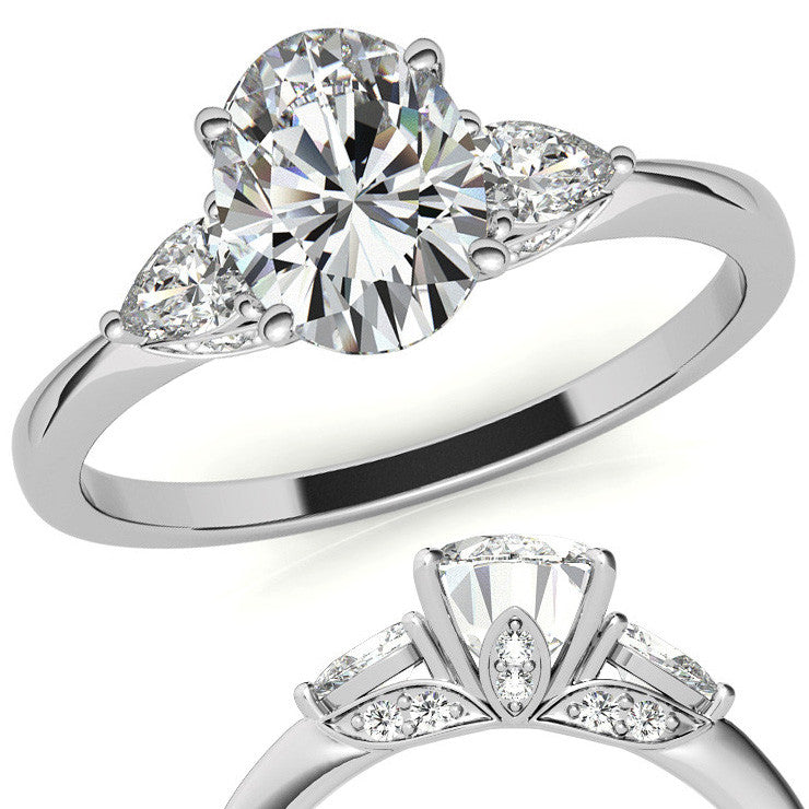 Oval and Pear Moissanite 3-Stone Floral Engagement Ring