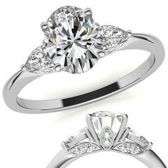 Oval and Pear Moissanite 3-Stone Floral Engagement Ring