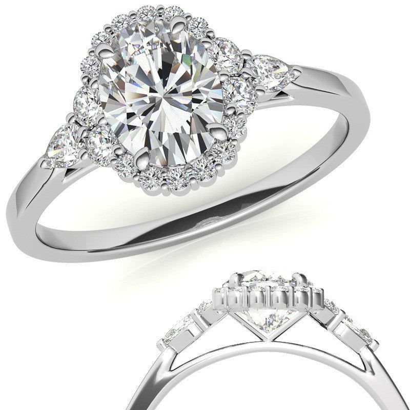 Oval and Pear Halo 3-Stone Moissanite Engagement Ring