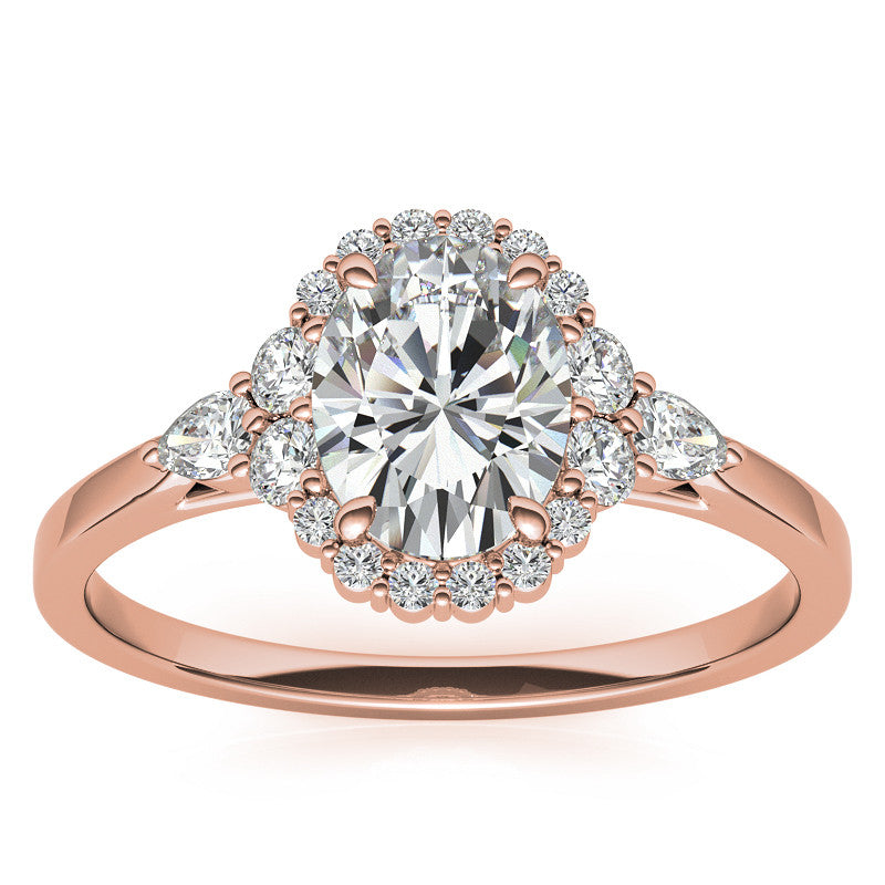 Oval and Pear Halo 3-Stone Moissanite Engagement Ring