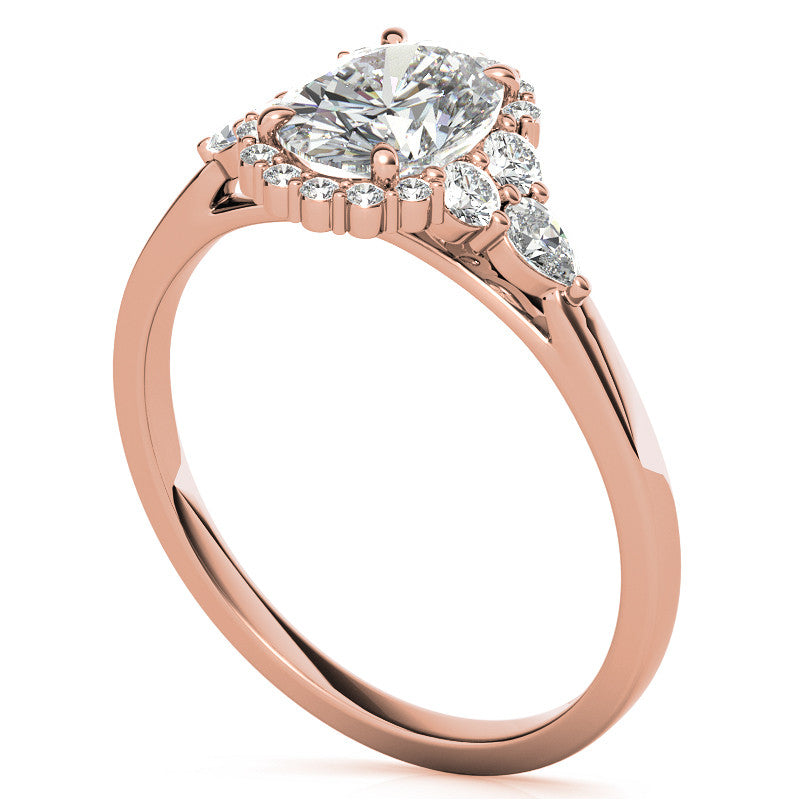 Oval and Pear Halo 3-Stone Moissanite Engagement Ring