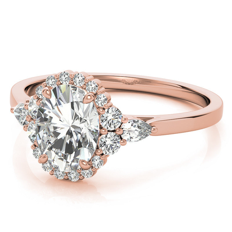 Oval and Pear Halo 3-Stone Moissanite Engagement Ring