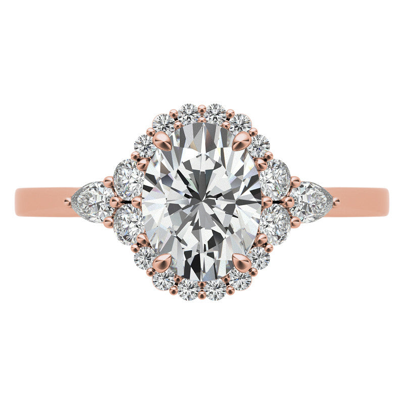 Oval and Pear Halo 3-Stone Moissanite Engagement Ring