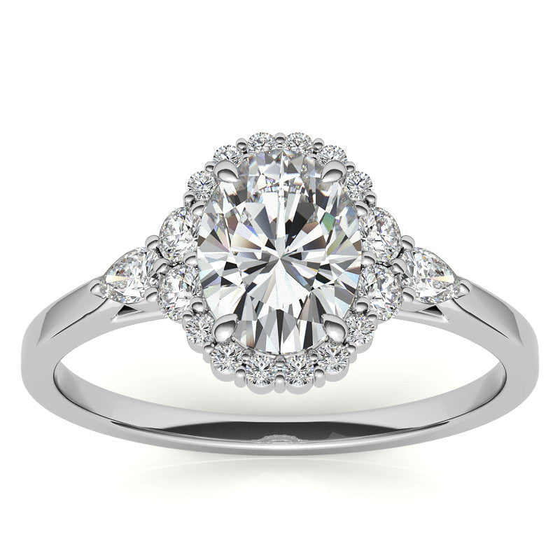 Oval and Pear Halo 3-Stone Moissanite Engagement Ring