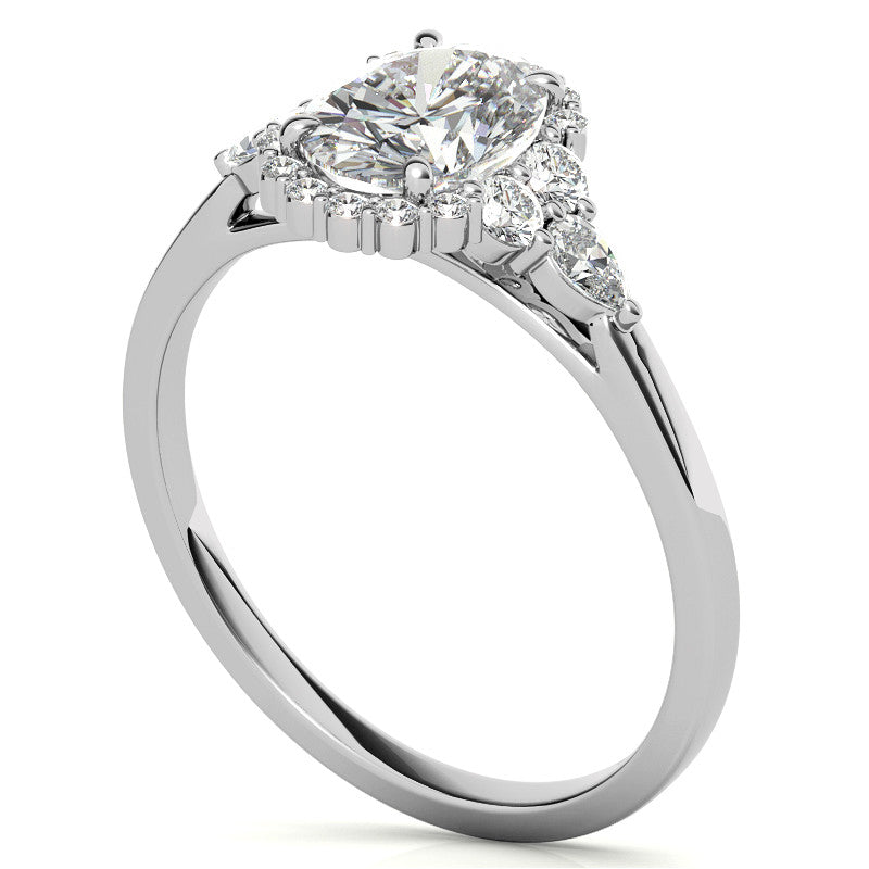 Oval and Pear Halo 3-Stone Moissanite Engagement Ring