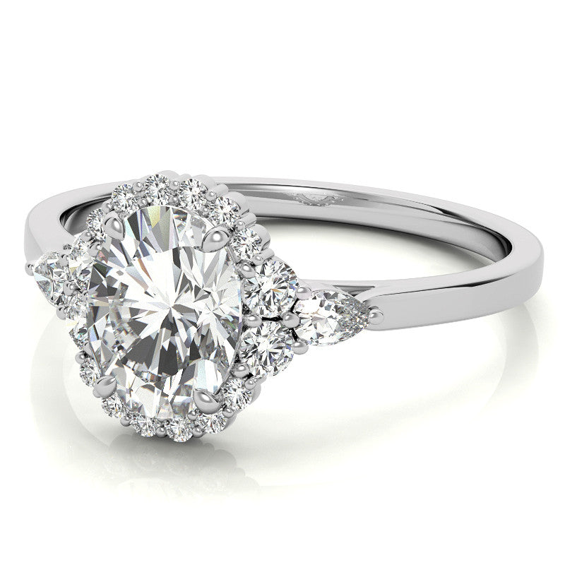 Oval and Pear Halo 3-Stone Moissanite Engagement Ring