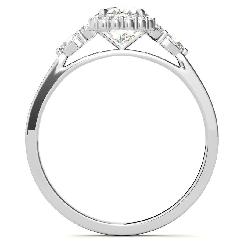 Oval and Pear Halo 3-Stone Moissanite Engagement Ring