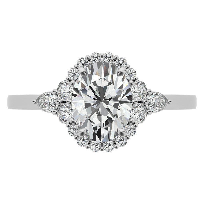Oval and Pear Halo 3-Stone Moissanite Engagement Ring