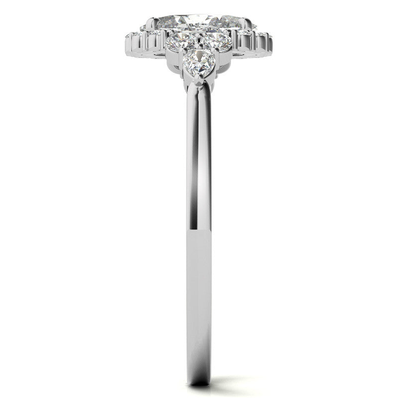 Oval and Pear Halo 3-Stone Moissanite Engagement Ring