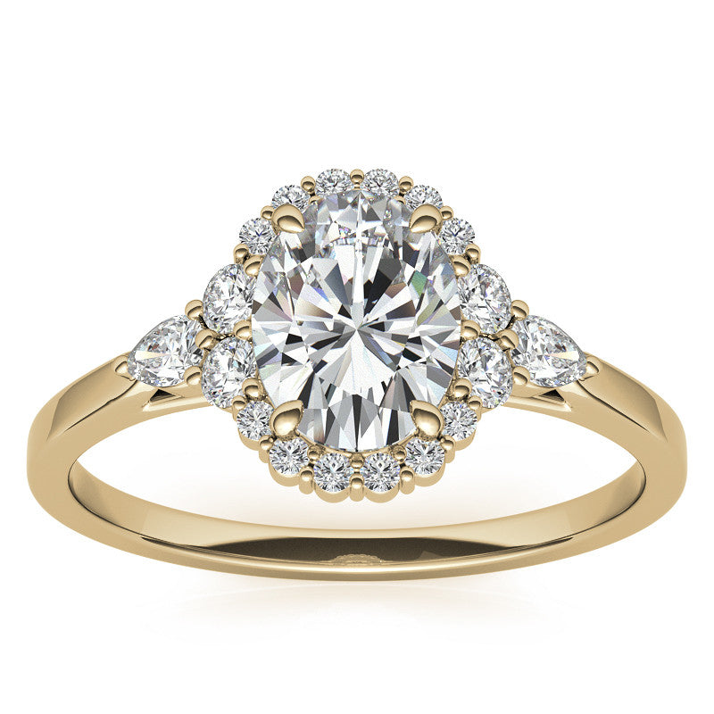 Oval and Pear Halo 3-Stone Moissanite Engagement Ring