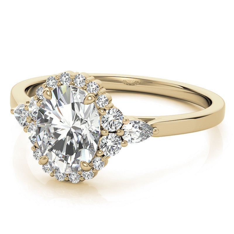 Oval and Pear Halo 3-Stone Moissanite Engagement Ring