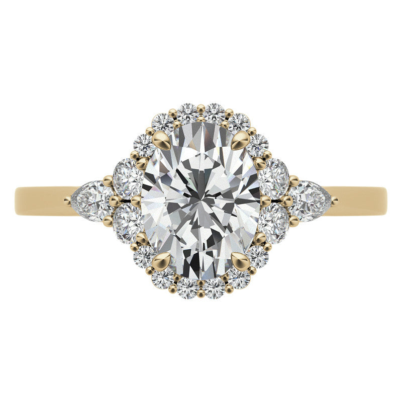 Oval and Pear Halo 3-Stone Moissanite Engagement Ring