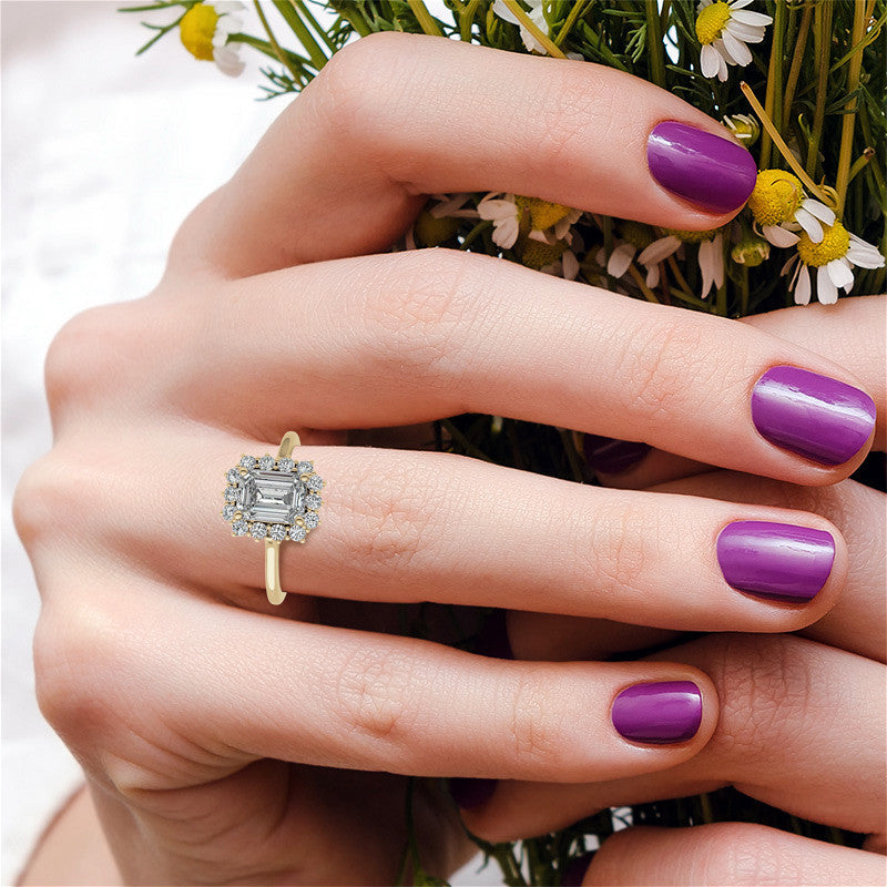 Emerald / Radiant & Round Brilliant Moissanite Halo Engagement Ring