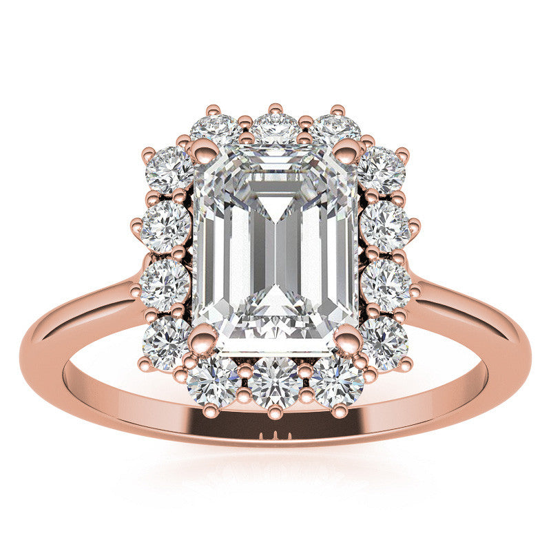 Emerald / Radiant & Round Brilliant Moissanite Halo Engagement Ring