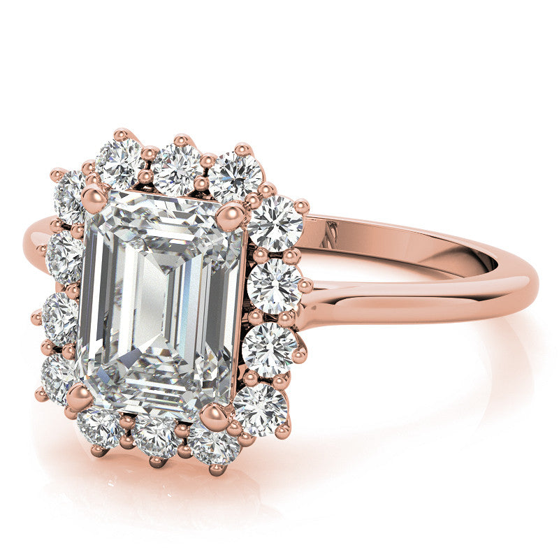 Emerald / Radiant & Round Brilliant Moissanite Halo Engagement Ring