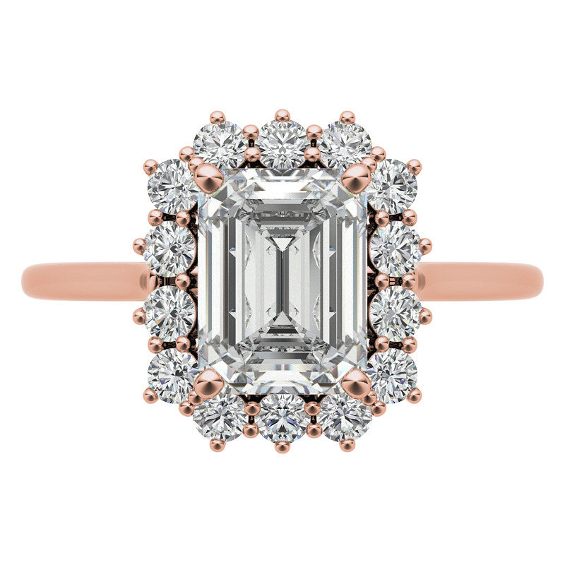 Emerald / Radiant & Round Brilliant Moissanite Halo Engagement Ring