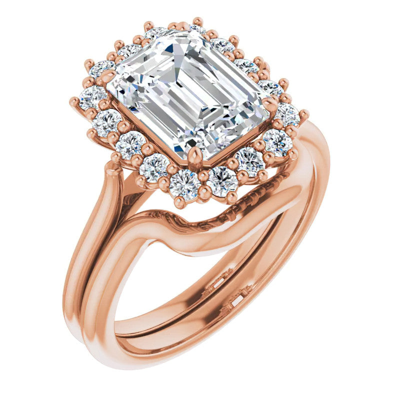 Emerald / Radiant & Round Brilliant Moissanite Halo Engagement Ring